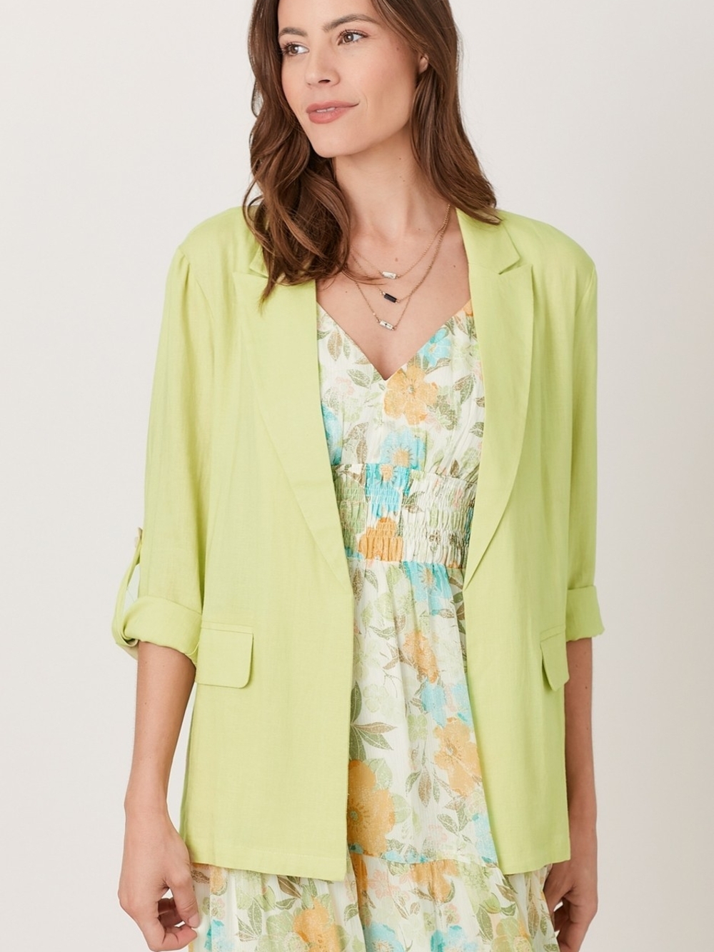 Light Green Linen Open Front Roll Tab Sleeve Blazer Jacket Size Large